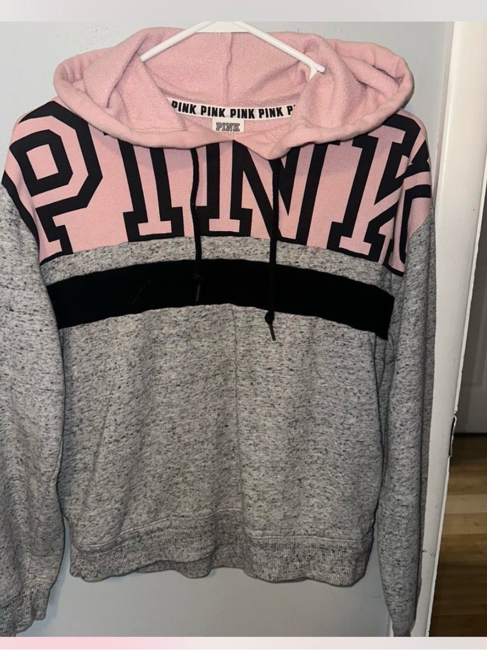 PINK Victoria's Secret Gray & Pink Colorblock Hooded Sweatshirt